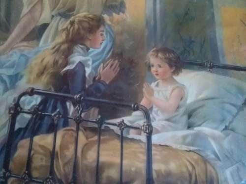 Vintage Girls Praying Print in Broad Frame