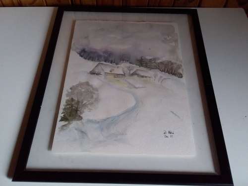 Chalets Covered in Snow Watercolour Painting in Cheap Frame