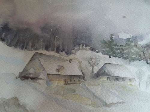 Chalets Covered in Snow Watercolour Painting in Cheap Frame