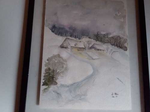 Chalets Covered in Snow Watercolour Painting in Cheap Frame