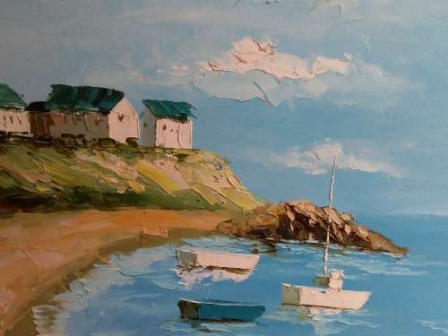 Large Square Sea Cottages by Lagoon Thick Oil Painting - Collection Only
