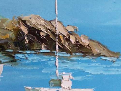 Large Square Sea Cottages by Lagoon Thick Oil Painting - Collection Only
