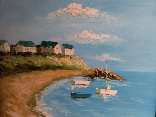 Large Square Sea Cottages by Lagoon Thick Oil Painting - Collection Only
