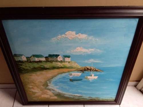 Large Square Sea Cottages by Lagoon Thick Oil Painting - Collection Only