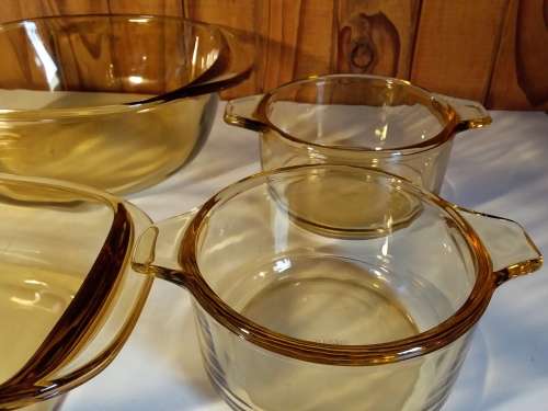 Set of Four Vintage Honey Amber Baking Bowls/Dishes - Stamped `Mexico` Similiar to Pyrex
