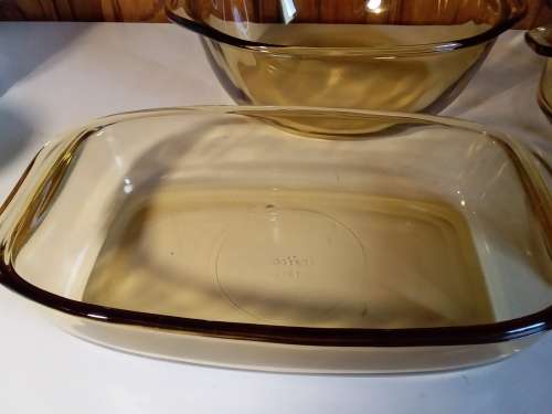 Set of Four Vintage Honey Amber Baking Bowls/Dishes - Stamped `Mexico` Similiar to Pyrex