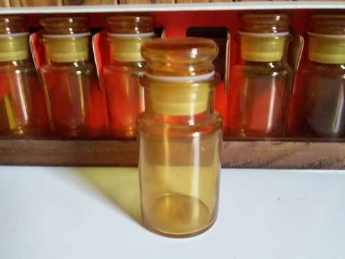 Wood Shelf with Six Amber Jars - Made in Italy