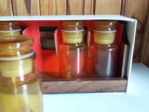 Wood Shelf with Six Amber Jars - Made in Italy