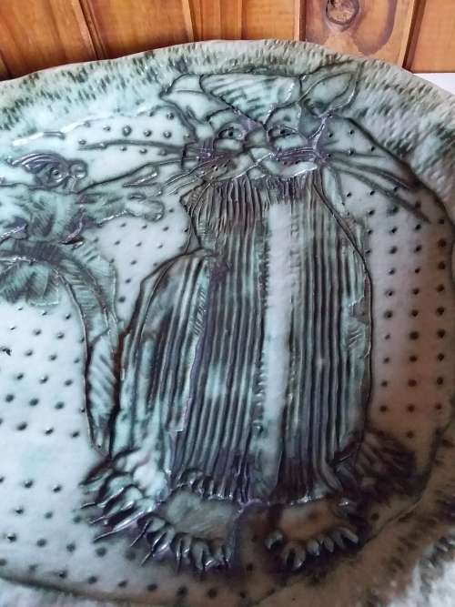 Large Glazed Pottery Bowl with Impression of Cat and Bird
