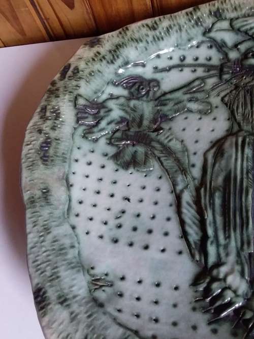 Large Glazed Pottery Bowl with Impression of Cat and Bird
