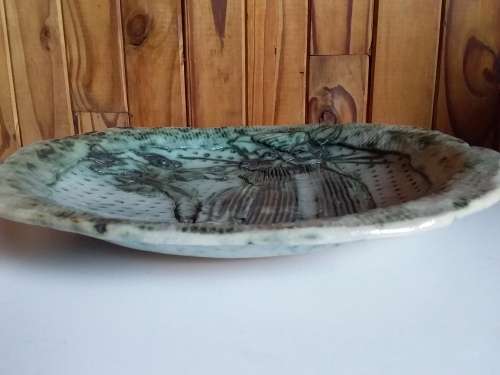 Large Glazed Pottery Bowl with Impression of Cat and Bird