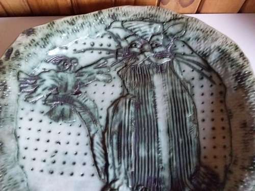 Large Glazed Pottery Bowl with Impression of Cat and Bird