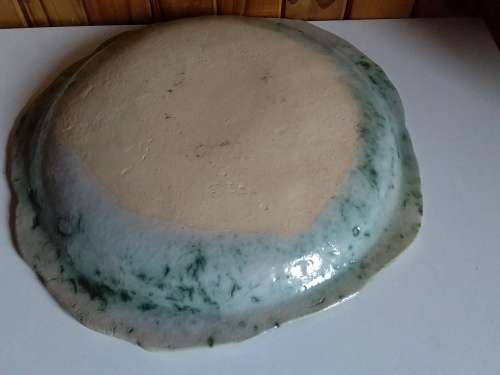 Large Glazed Pottery Bowl with Impression of Cat and Bird