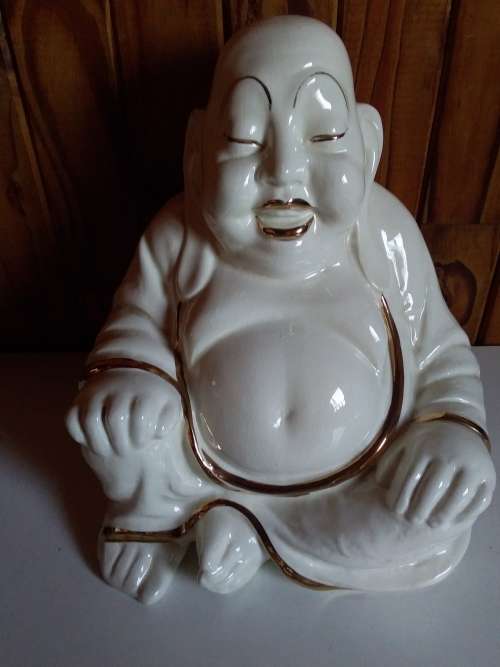 Vintage Ivory and Gold Glazed Ceramic Budha Figurine