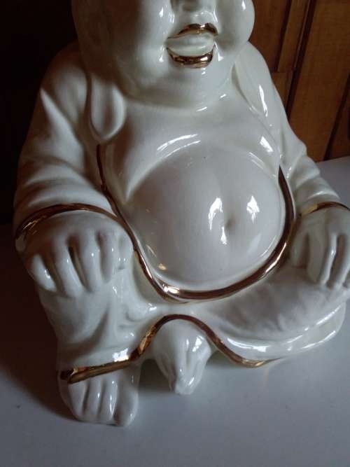 Vintage Ivory and Gold Glazed Ceramic Budha Figurine