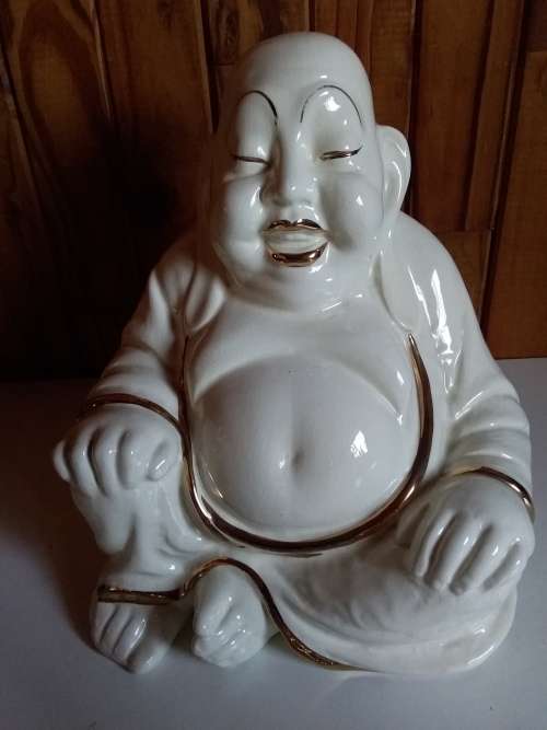 Vintage Ivory and Gold Glazed Ceramic Budha Figurine