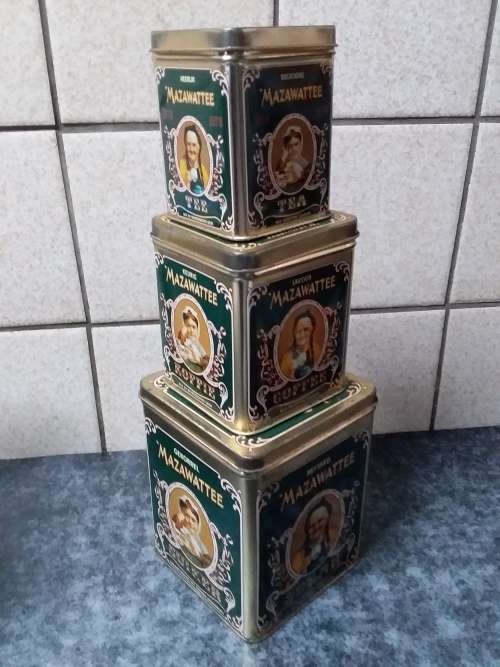 Set of Three Mazawattee Bilingual Tins - Coffee, Tea and Sugar