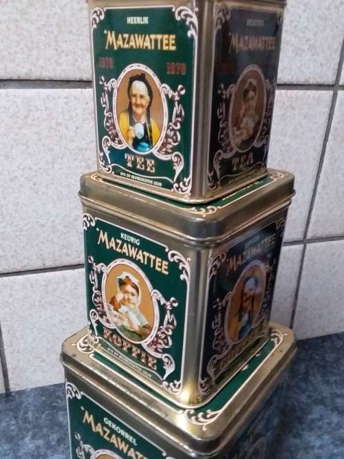 Set of Three Mazawattee Bilingual Tins - Coffee, Tea and Sugar