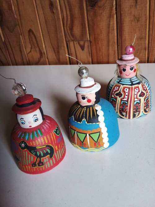 Three Decorated Clay Bells from Ecuador