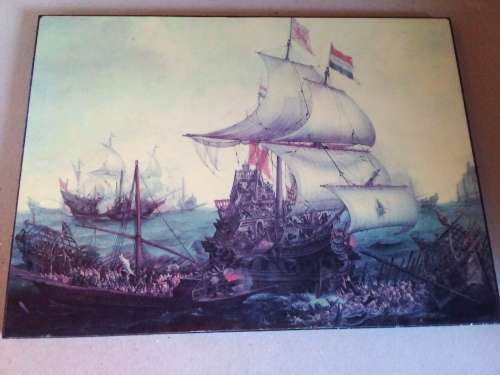 High Definition Print on Board of Ancient Galleons at War