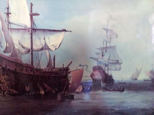 High Definition Print of Ancient Galleons at Sea Battle