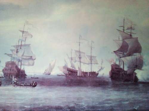 High Definition Print of Ancient Galleons at Sea Battle