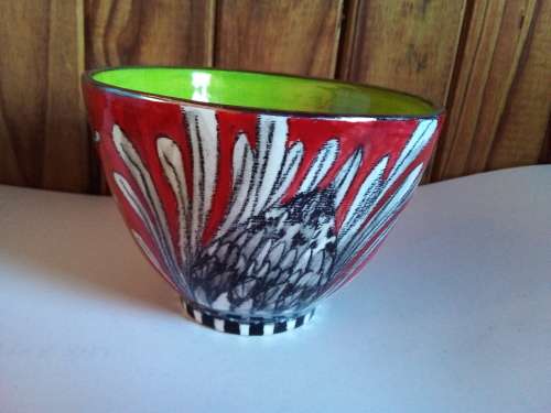 Glazed Designer Bowl with Images of Proteas - Signed and Dated