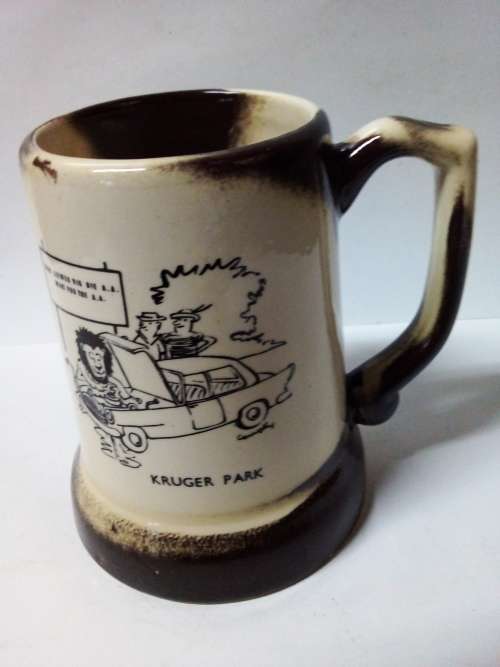 Vintage Kruger Park Earthenware Mug with Bilingual Cartoon