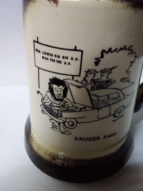 Vintage Kruger Park Earthenware Mug with Bilingual Cartoon