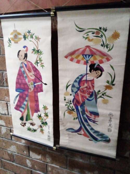 Vintage Handpainted on canvass Oriental Male and Female Wall Hangings
