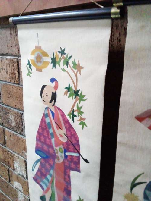 Vintage Handpainted on canvass Oriental Male and Female Wall Hangings