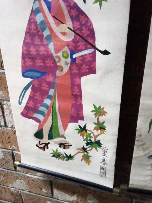 Vintage Handpainted on canvass Oriental Male and Female Wall Hangings