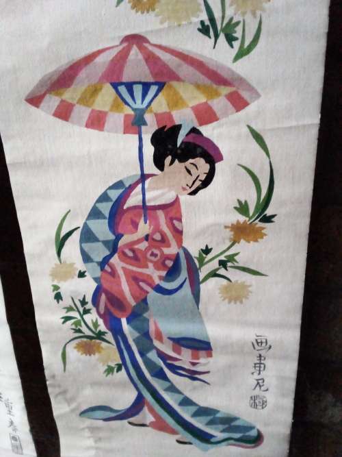 Vintage Handpainted on canvass Oriental Male and Female Wall Hangings