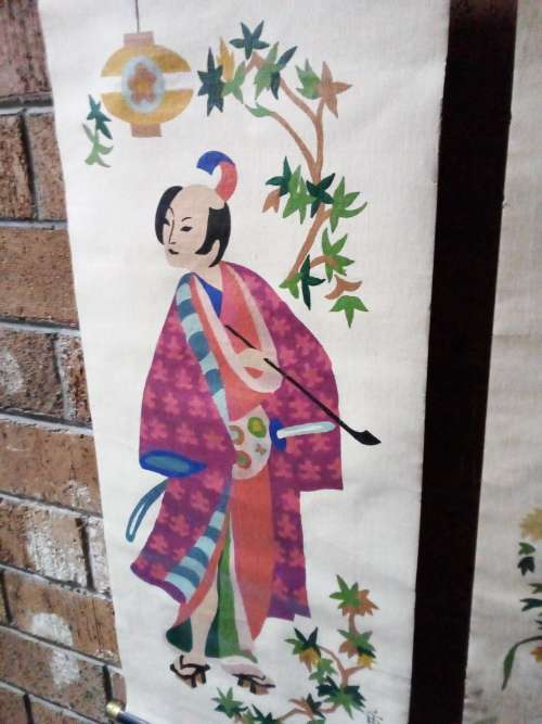 Vintage Handpainted on canvass Oriental Male and Female Wall Hangings