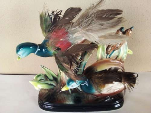 Ducks by Reeds Porcelain Ornament with Real Feathers
