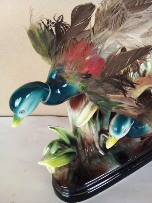 Ducks by Reeds Porcelain Ornament with Real Feathers