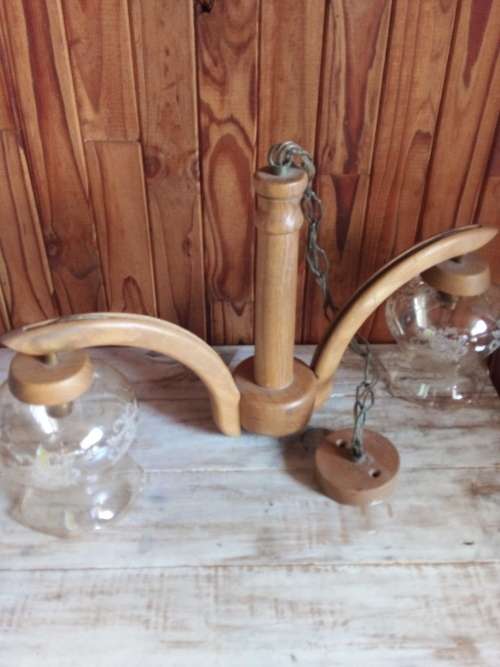 Wooden Ceiling Light Fixture with Two Ornate Globe Covers
