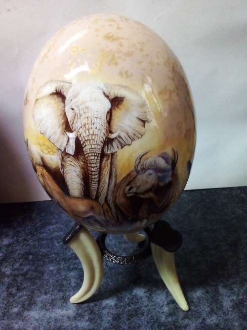 Big Five Theme on Ostrich Egg with Stand