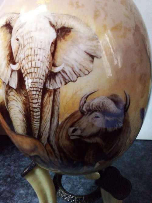 Big Five Theme on Ostrich Egg with Stand