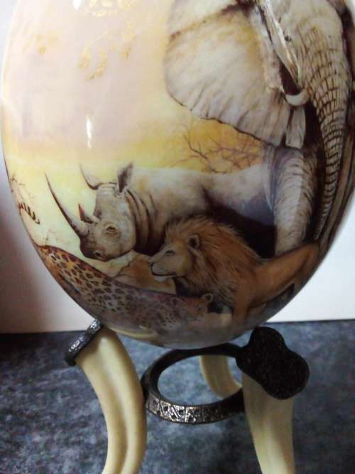 Big Five Theme on Ostrich Egg with Stand