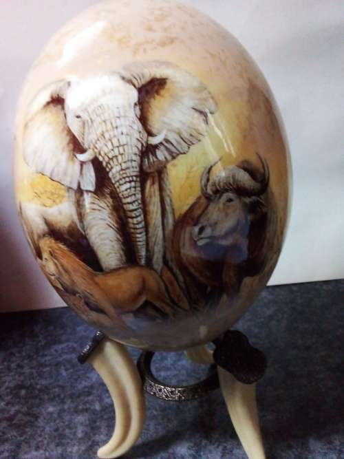 Big Five Theme on Ostrich Egg with Stand