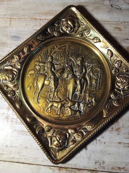 Brass Plate Horse and Hound Wall Hanging with Raised Detail