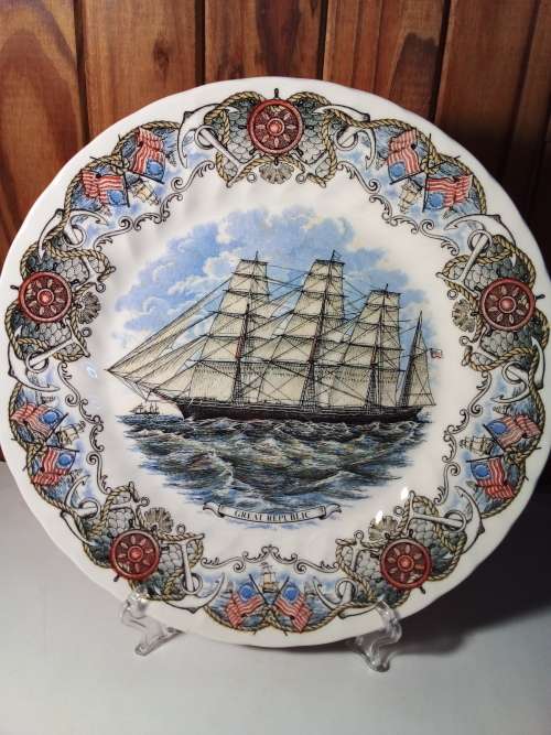 Churchill Tall Ships Plate `Great Republic` with Stand - Small Chip