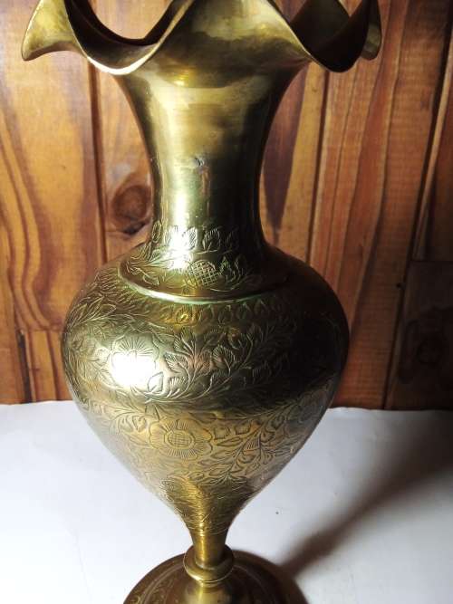Floral Engraved Heart Shaped Brass Vase