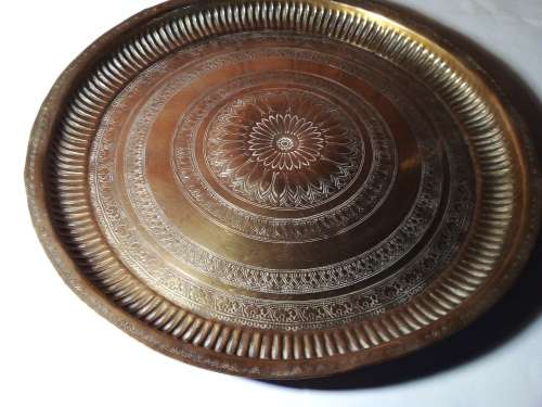 Large Solid Circular Brass Tray with Engraved Patterns
