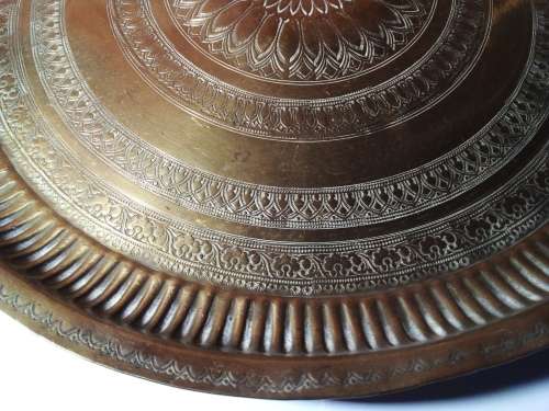 Large Solid Circular Brass Tray with Engraved Patterns