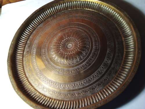 Large Solid Circular Brass Tray with Engraved Patterns
