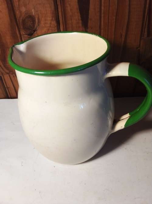 Old Enamelware Cream & Green Jug