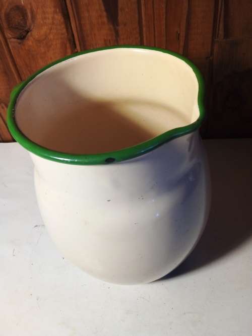 Old Enamelware Cream & Green Jug