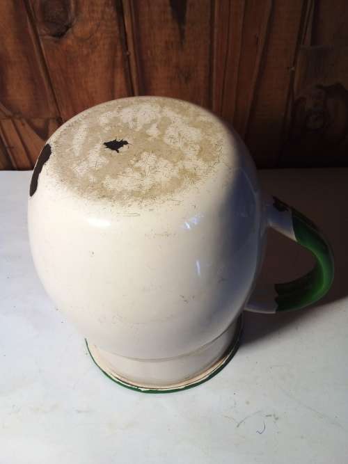 Old Enamelware Cream & Green Jug